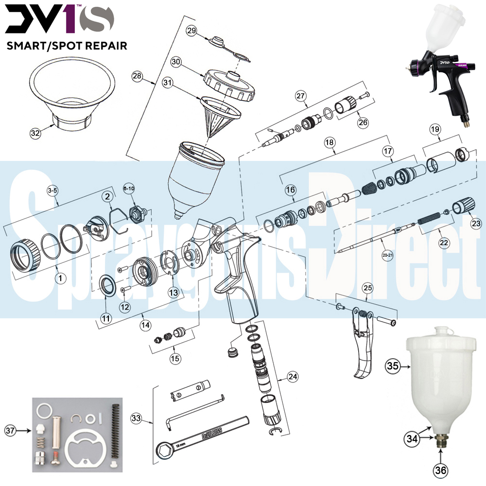 DeVilbiss DV1S Smart Repair Spray Gun Parts Breakdown