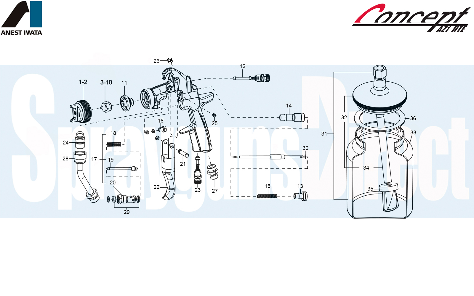 iwata az1 hte suction spray gun parts breakdown sprayguns direct