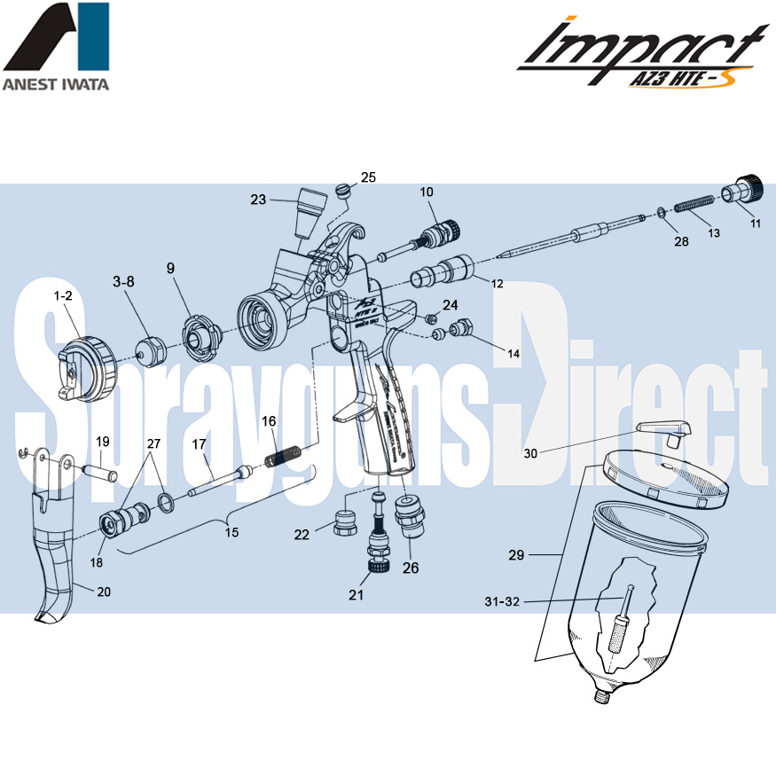 iwata az3 hte s impact spray gun parts breakdown sprayguns direct