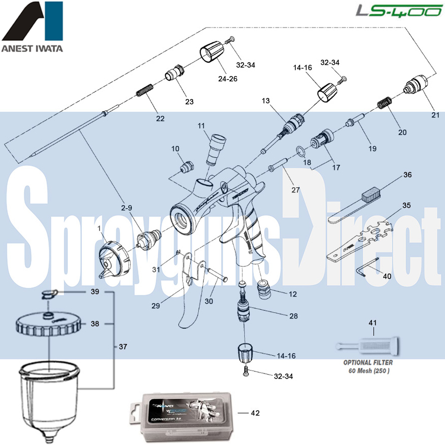 Iwata LS400 HVLP Spray Gun Parts Breakdown