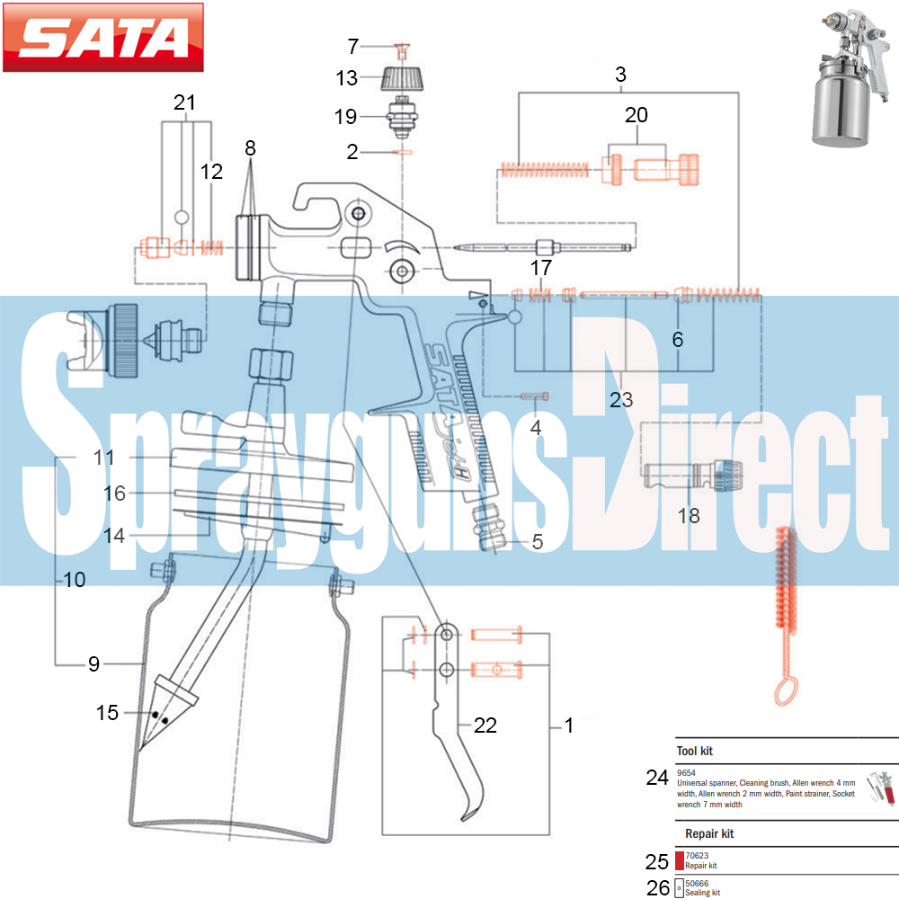 satajet h suction spray gun parts breakdown spares