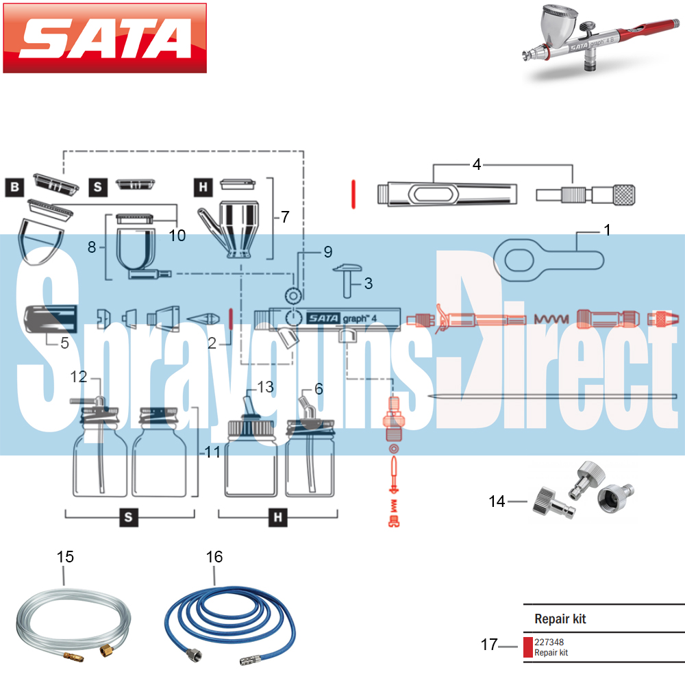 sata graph 4 air brush parts breakdown spares sprayguns direct