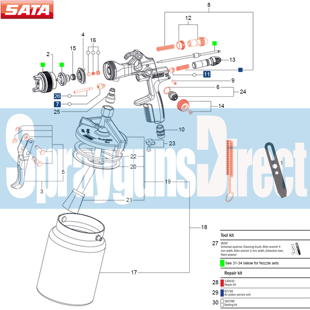 satajet 1000 h spray gun parts breakdown spares sprayguns direct