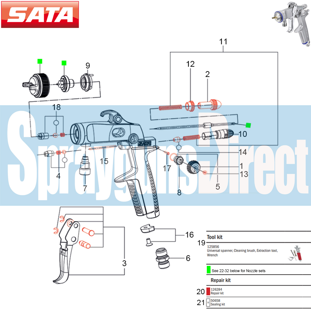 sataminijet 1000 k spray gun parts breakdown spares sprayguns direct