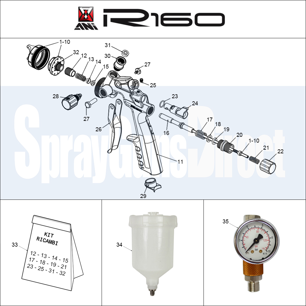 A.N.I. R160 Spray Gun Parts Breakdown Spray Guns Direct