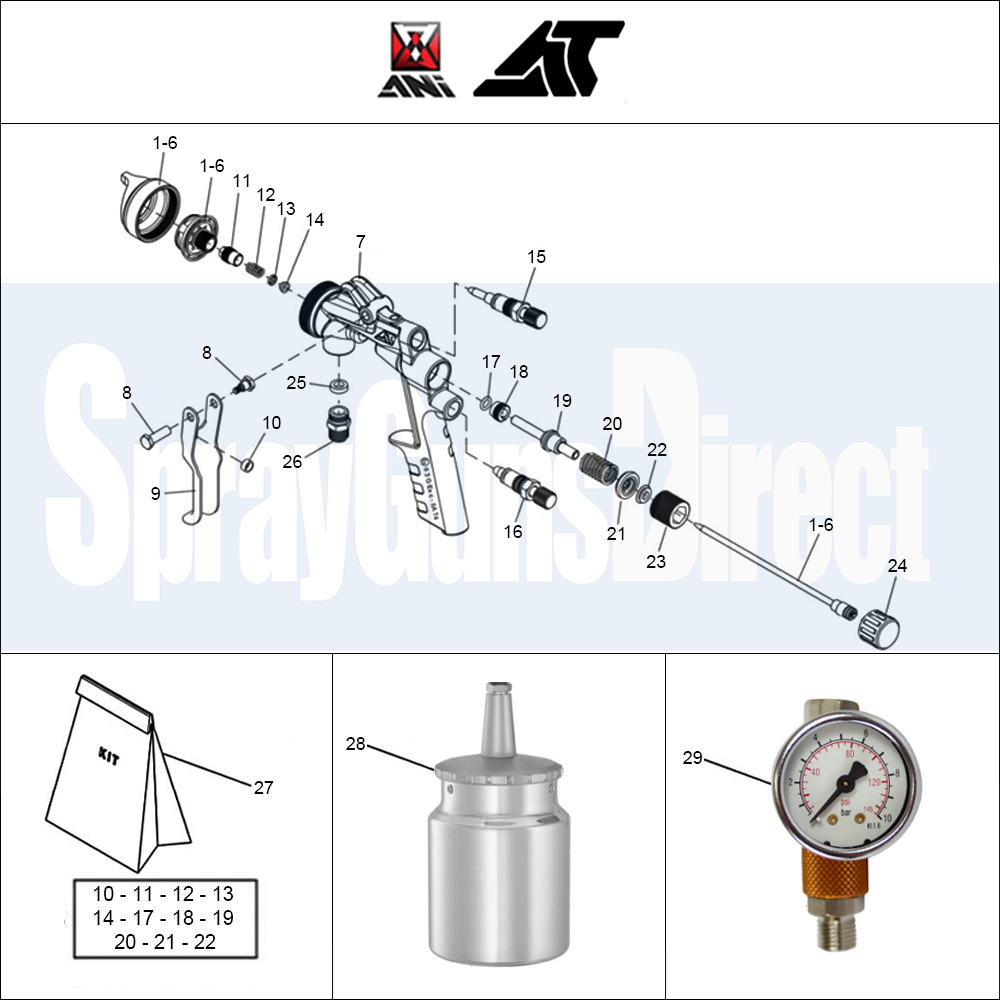 A.N.I. AT/SP Pressure/Suction Spray Gun Parts Breakdown