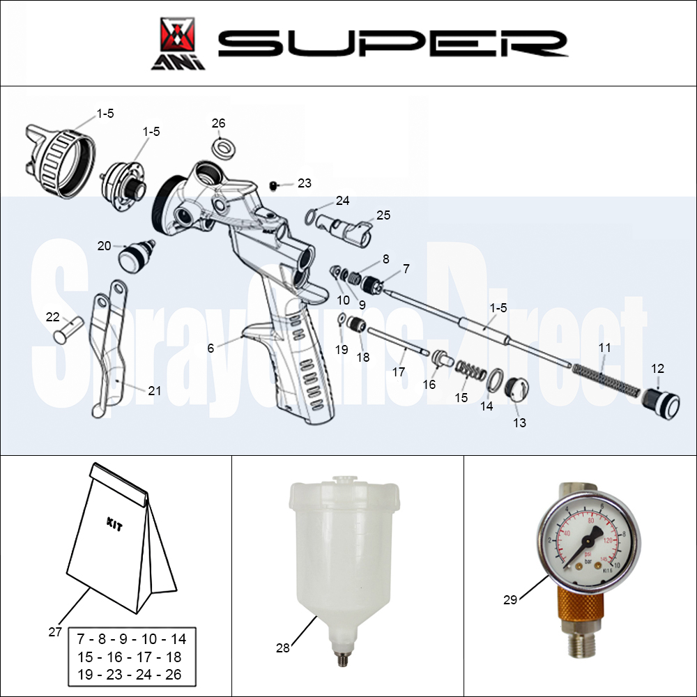 A.N.I. F1/N Super Spray Gun Parts Breakdown Spray Guns Direct