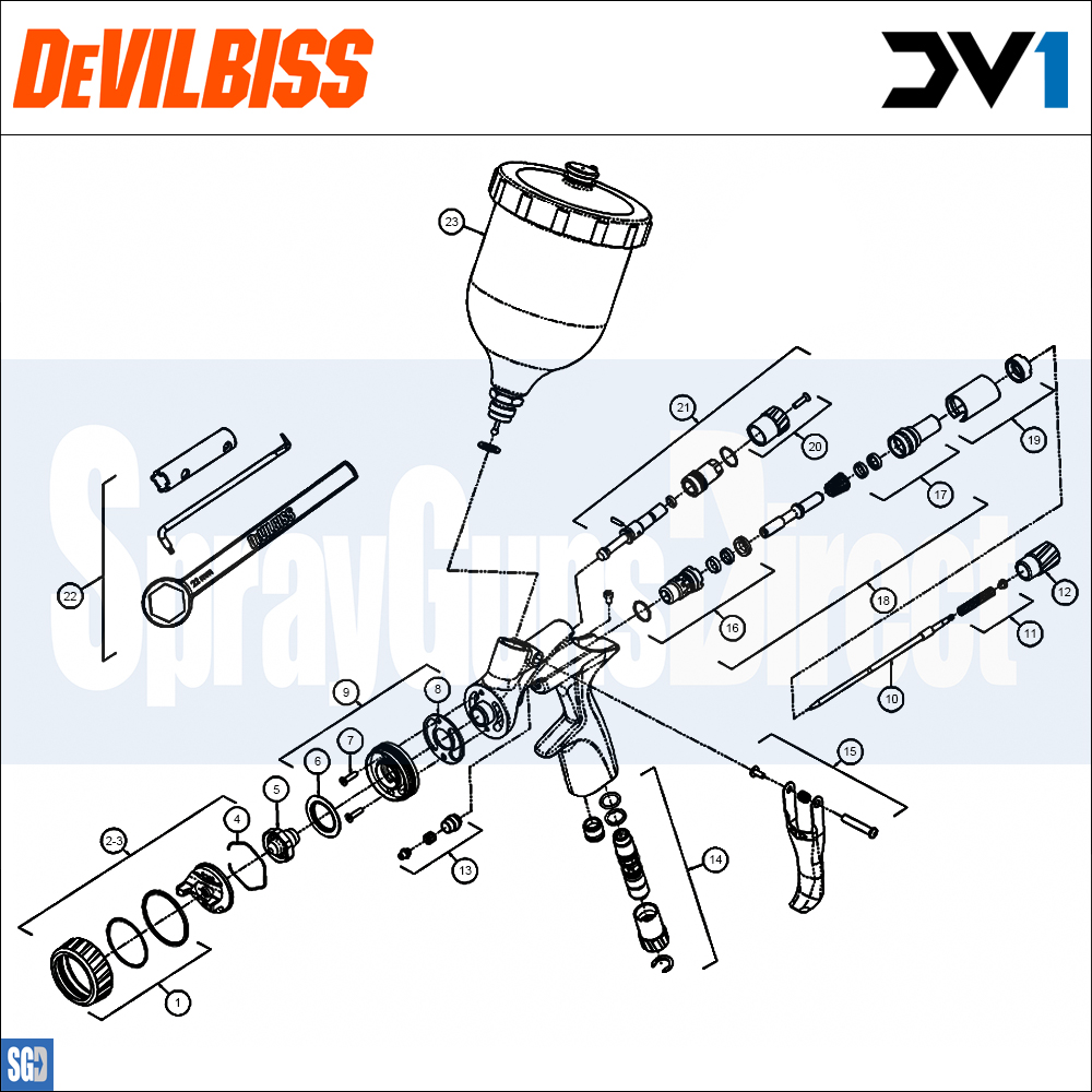 devilbiss dv1 basecoat non digital spray gun parts breakdown spares sprayguns direct