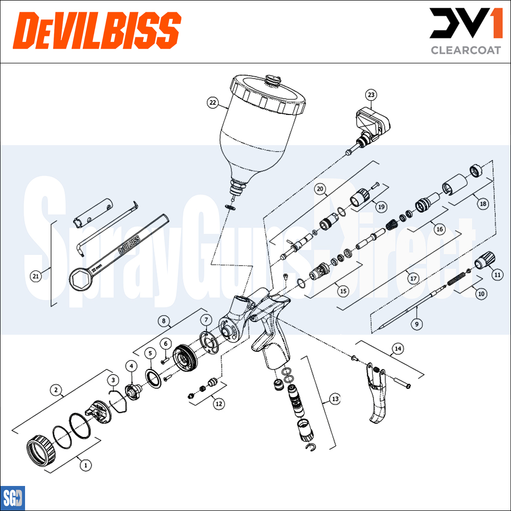 devilbiss dv1 spray gun parts breakdown spares sprayguns direct