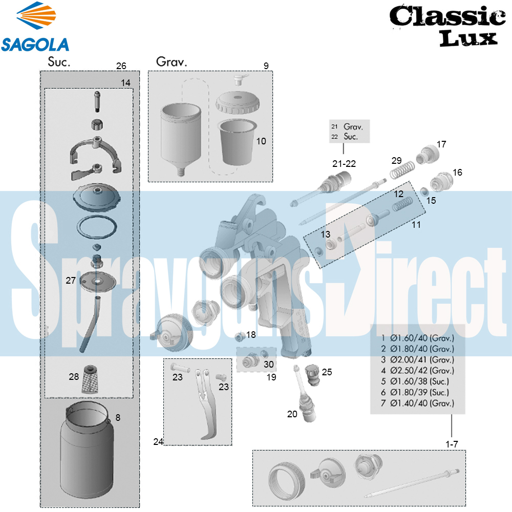 sagola classic lux spray gun parts breakdown sprayguns direct