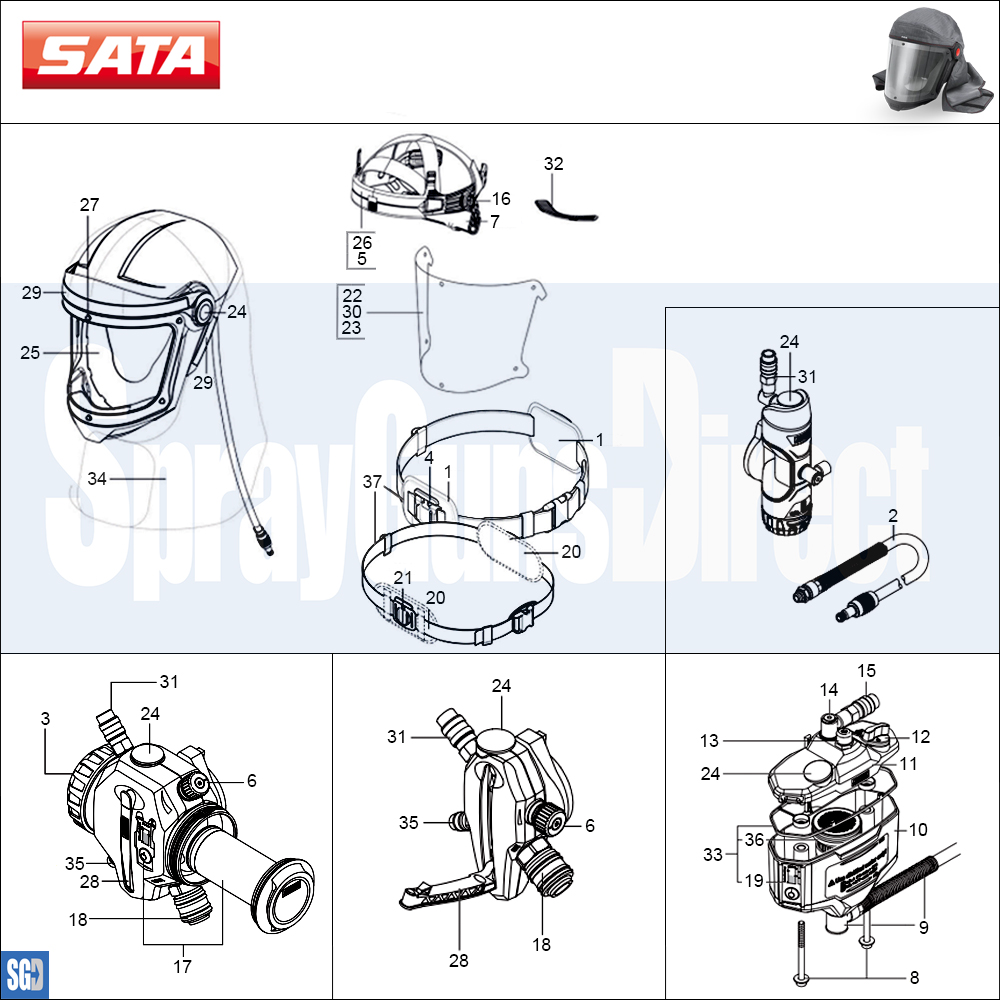 SATA Air Vision 5000 Air Fed Mask Parts Breakdown sprayguns direct