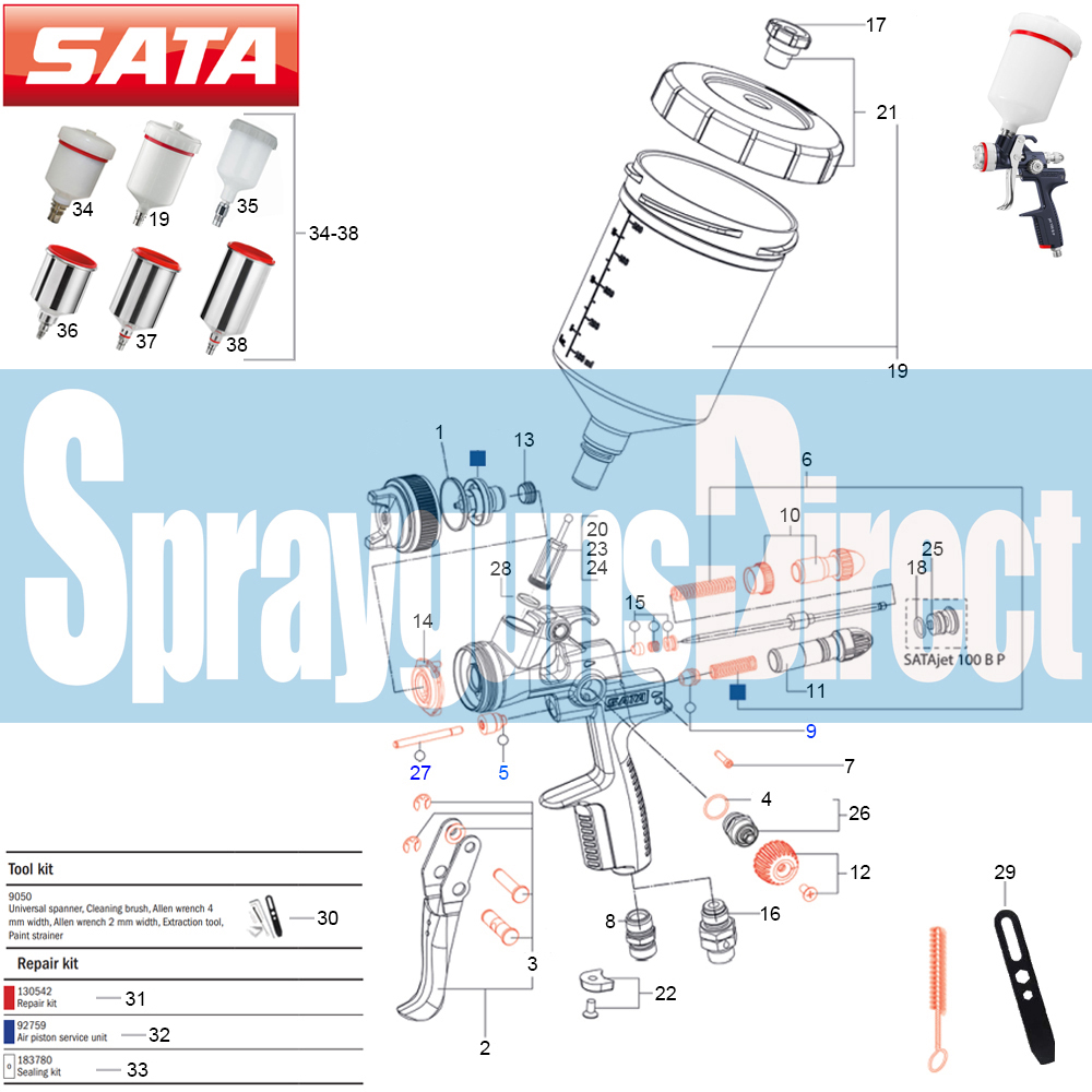 sata 100 b p spray gun parts breakdown spares spray guns direct