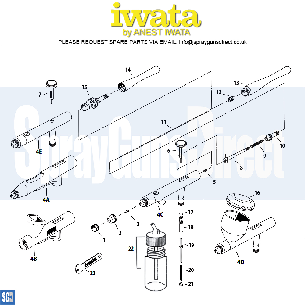 Iwata Revolution HP-CR Gravity Airbrush (IW-RV-CR) Parts Breakdown Spray Guns Direct