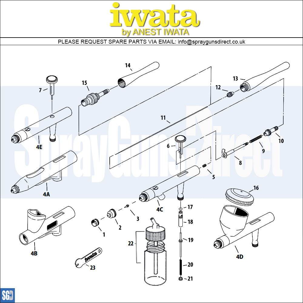 Iwata Revolution HP-SAR Suction Airbrush (IW-RV-SAR) Parts Breakdown Spray Guns Direct