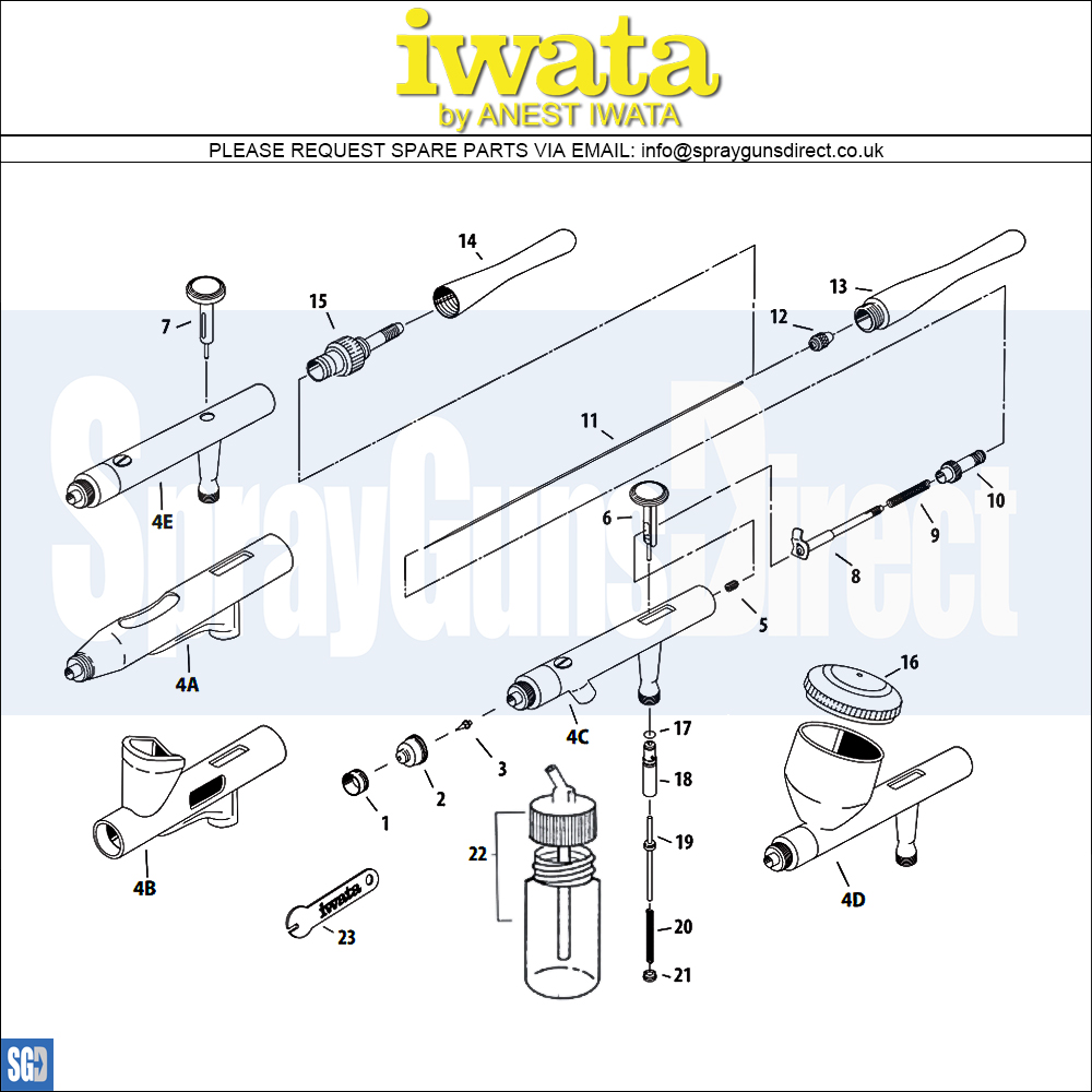 Iwata Revolution HP-TR2 Gravity Airbrush (IW-RV-TR2) Parts Breakdown