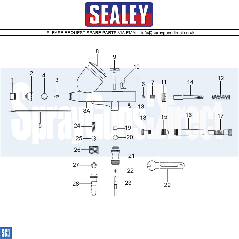 Sealey Gravity Feed Airbrush Kit (AB9321) Parts Breakdown Spray Guns Direct