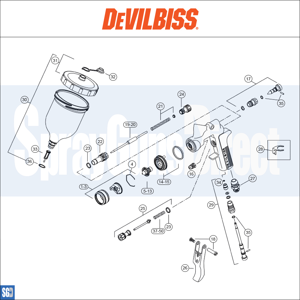 DeVilbiss GTIG / GTIW / PRi Gravity Spray Gun **DISCONTINUED** Parts Breakdown sprayguns direct