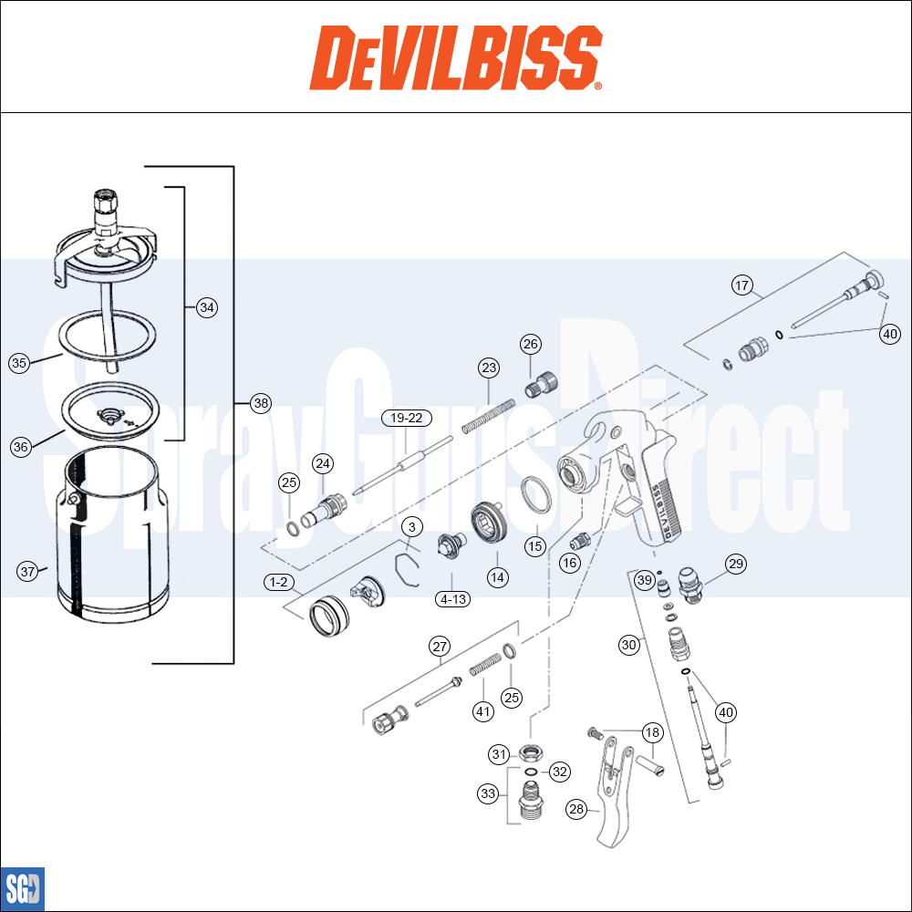 DeVilbiss GTi Suction / Pressure **Discontinued** Spray Gun Parts Breakdown