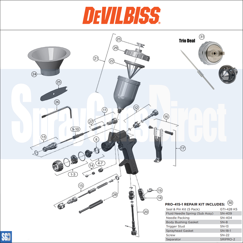 DeVilbiss SRi Pro **Discontinued** Spray Gun Parts Breakdown