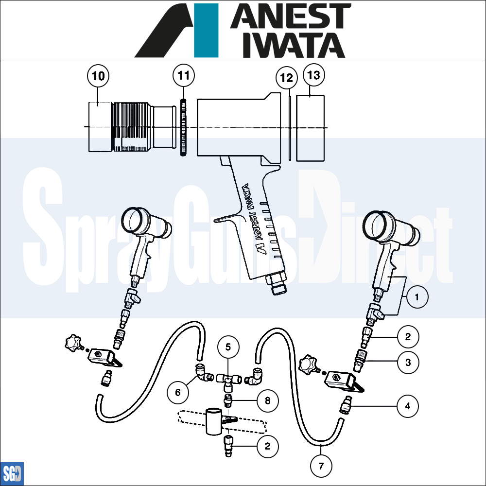 Iwata Aquadry Paint Dryer Gun Set Parts Breakdown