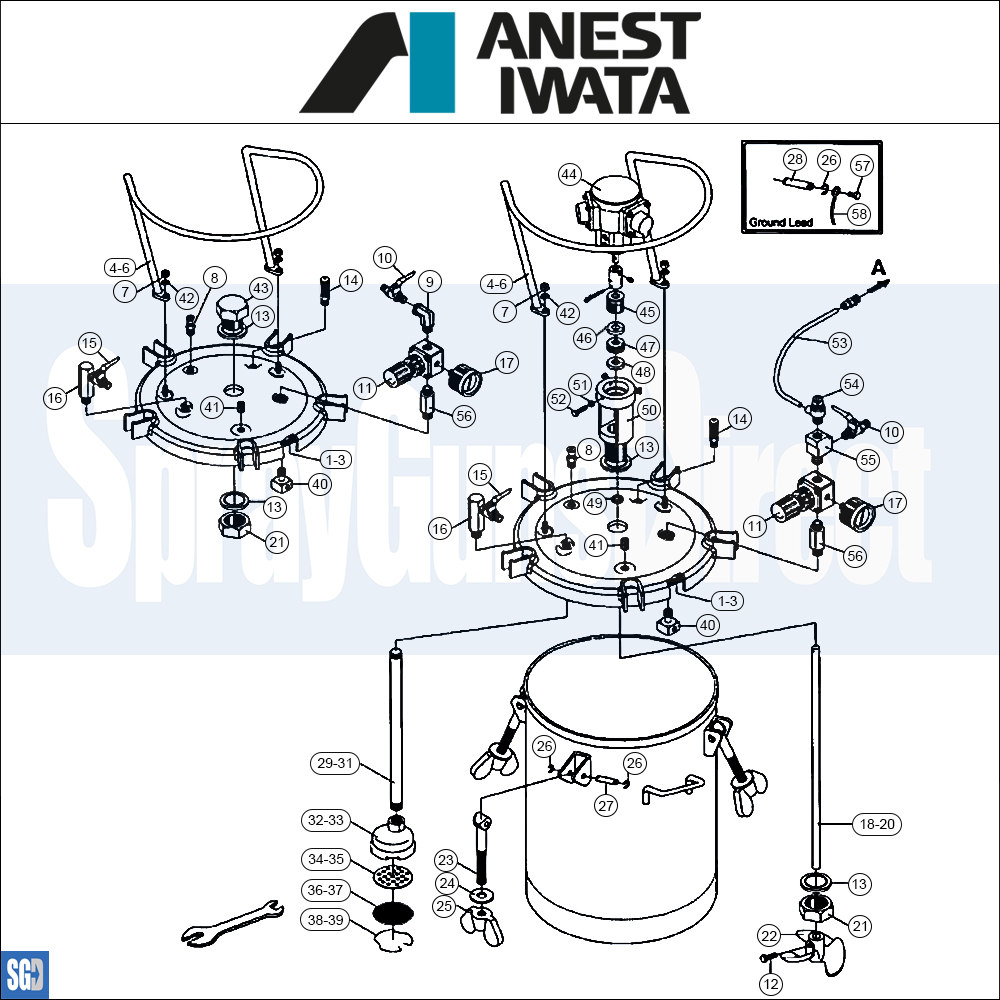 Iwata PET-10/30/50 N/MN Stainless Steel Pressure Tank Parts Breakdown