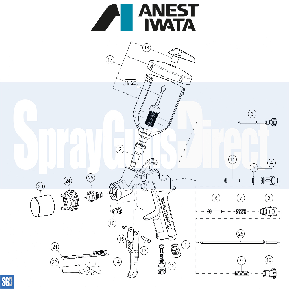 Iwata W300wb UV Spray Gun Parts Breakdown