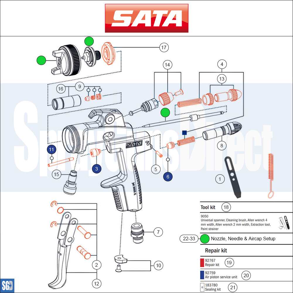 satajet 3000k spray gun parts breakdown spares sprayguns direct