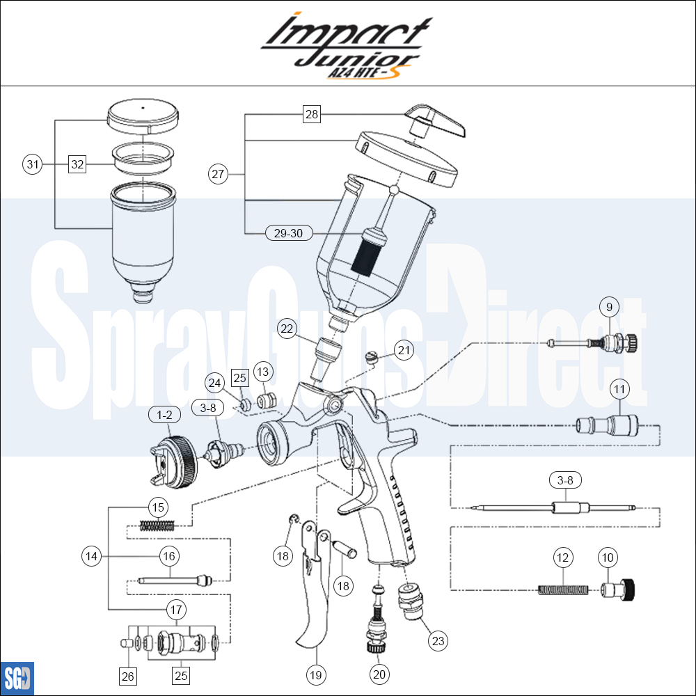 Iwata AZ4 HTE S IMPACT Spray Gun Spares and Parts Breakdown