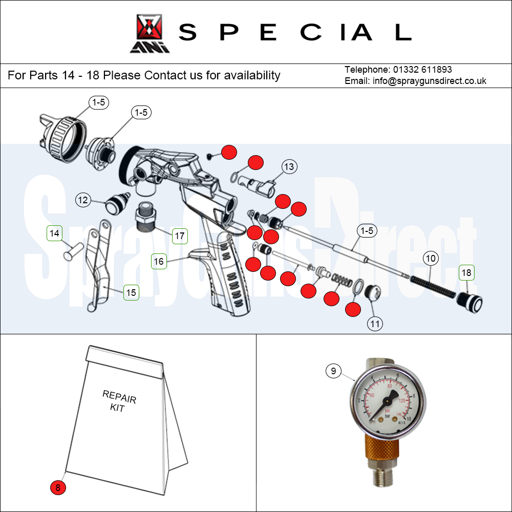 ANi F1/N-Special Pressure Spray Gun Spare Parts Breakdown