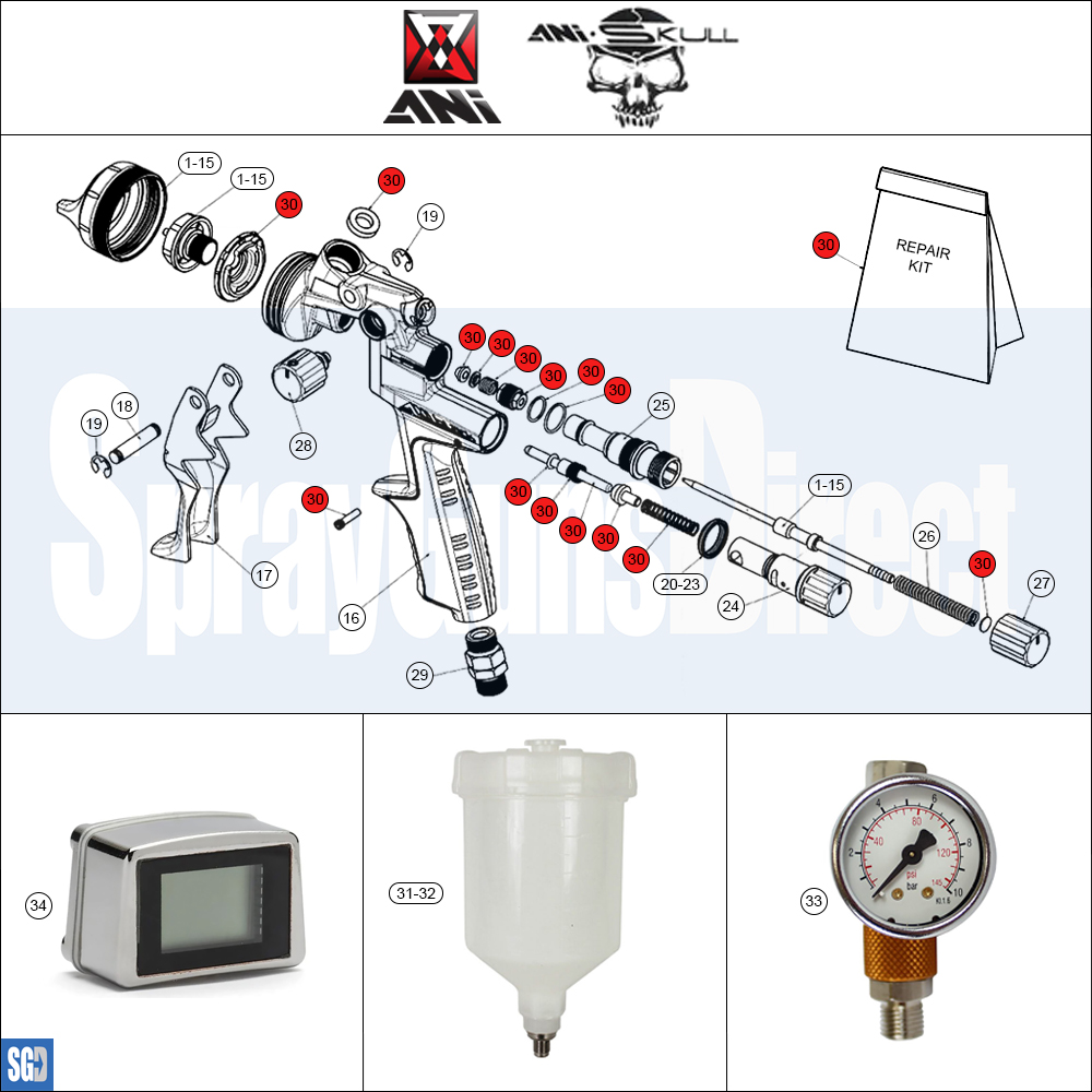 ANi Skull Spray Gun Spare Parts Breakdown