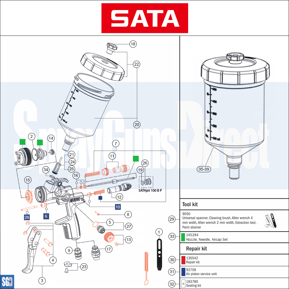 SATAjet 100 B P Spray Gun Spares and Parts Breakdown