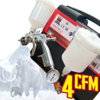 ANi COMPACT Spray Gun Full Sized Mini Kit (AH1521009A) Any compressor & any job** Includes - A.N.I. (ANI) HPS COMPACT Midi Gravity Spray Gun c/w 1.3 tip, additional 1.0 tip and needle.  500 & 250ml cup +  Gauge in a carry case. *Low Air Consumption – Can run off 24ltr Compressor, requires less than 4.5 CFM (125 litres per minute)*