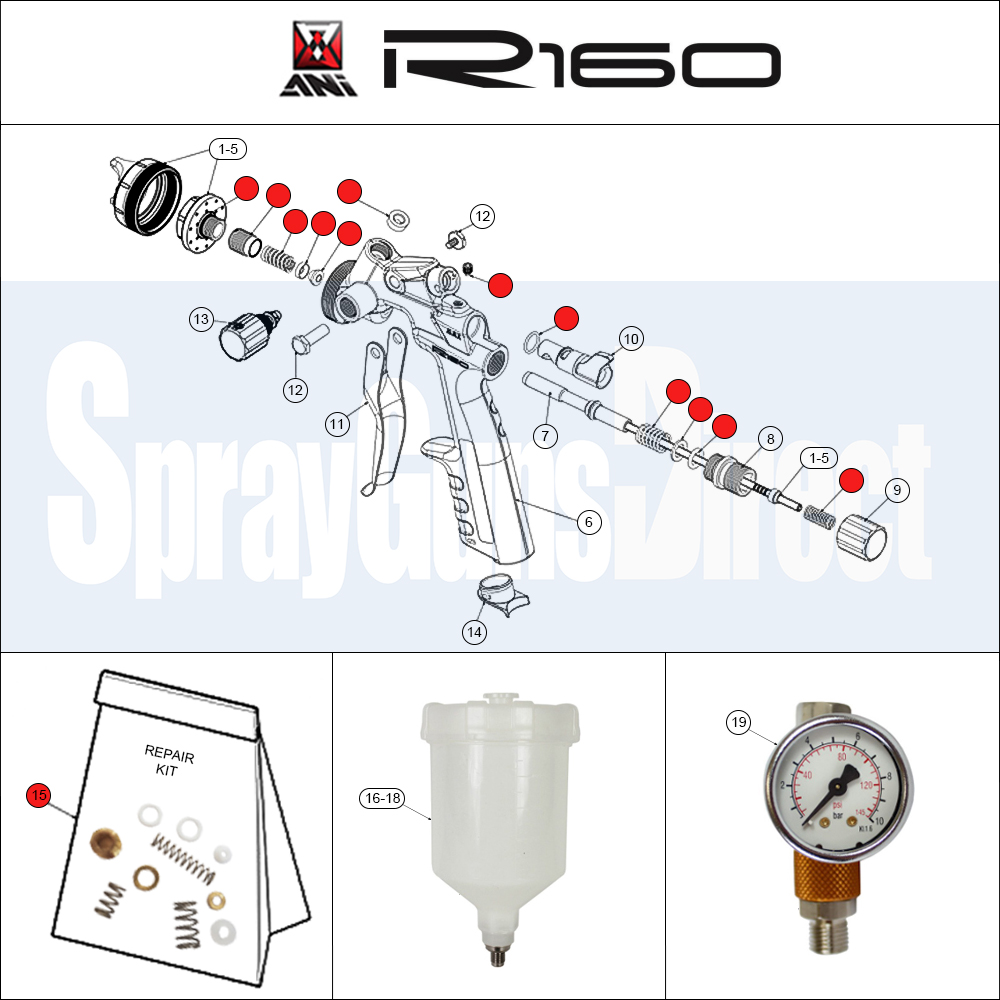 ANi R160 Spray Gun Spare Parts Breakdown