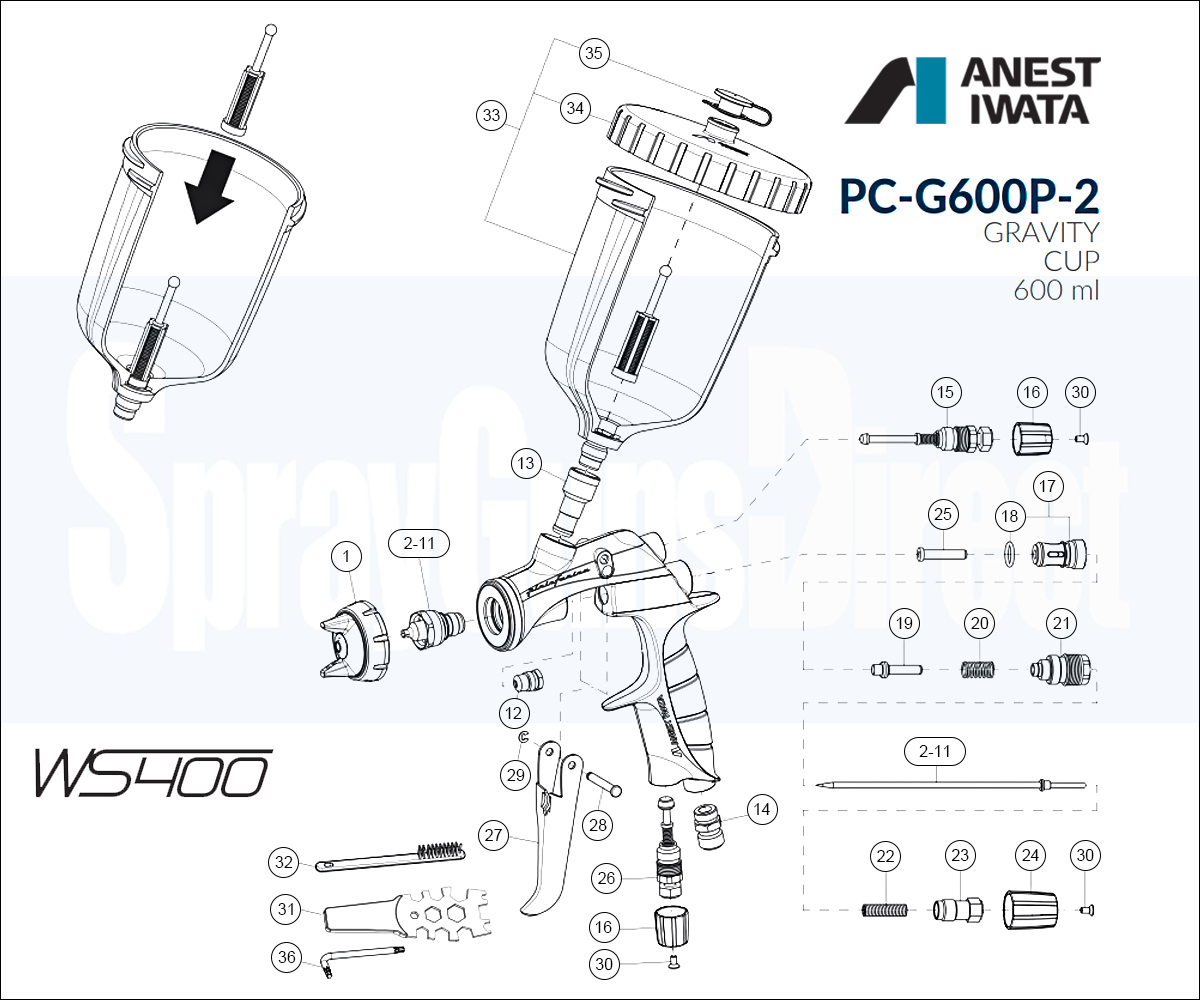 Iwata WS400 Supernova Gravity Spray Gun Spare Parts Breakdown