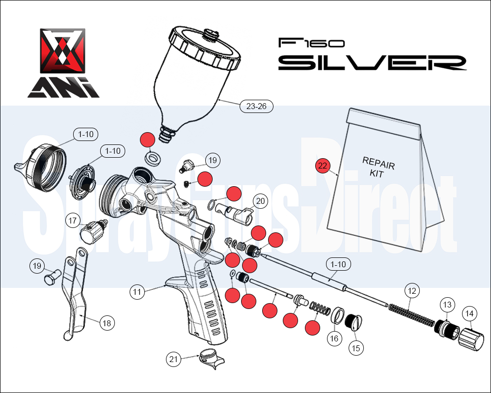 ANi F160 Spray Gun Spare Parts Breakdown sprayguns direct