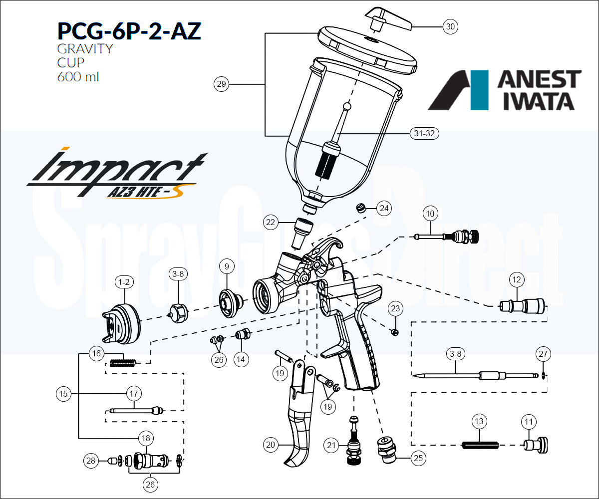 Iwata AZ3 HTE S IMPACT Spray Gun Spares and Parts Breakdown