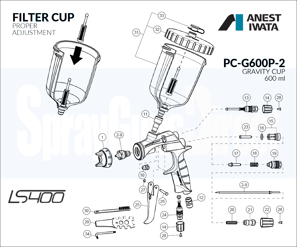 Iwata LS400 Spray Gun Spares and Parts Breakdown