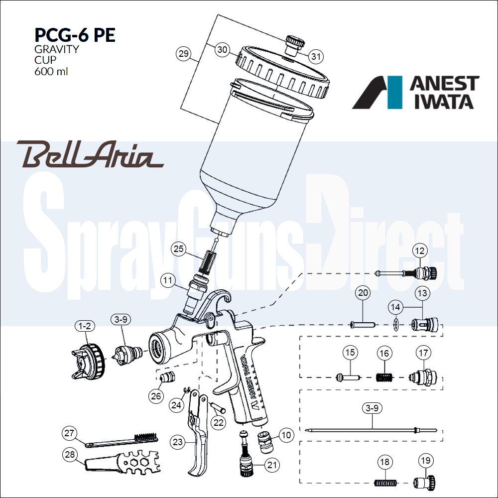 Iwata W400 BellAria Spray Gun Low Price Classic Gun Premium Performance Spares and Parts Breakdown