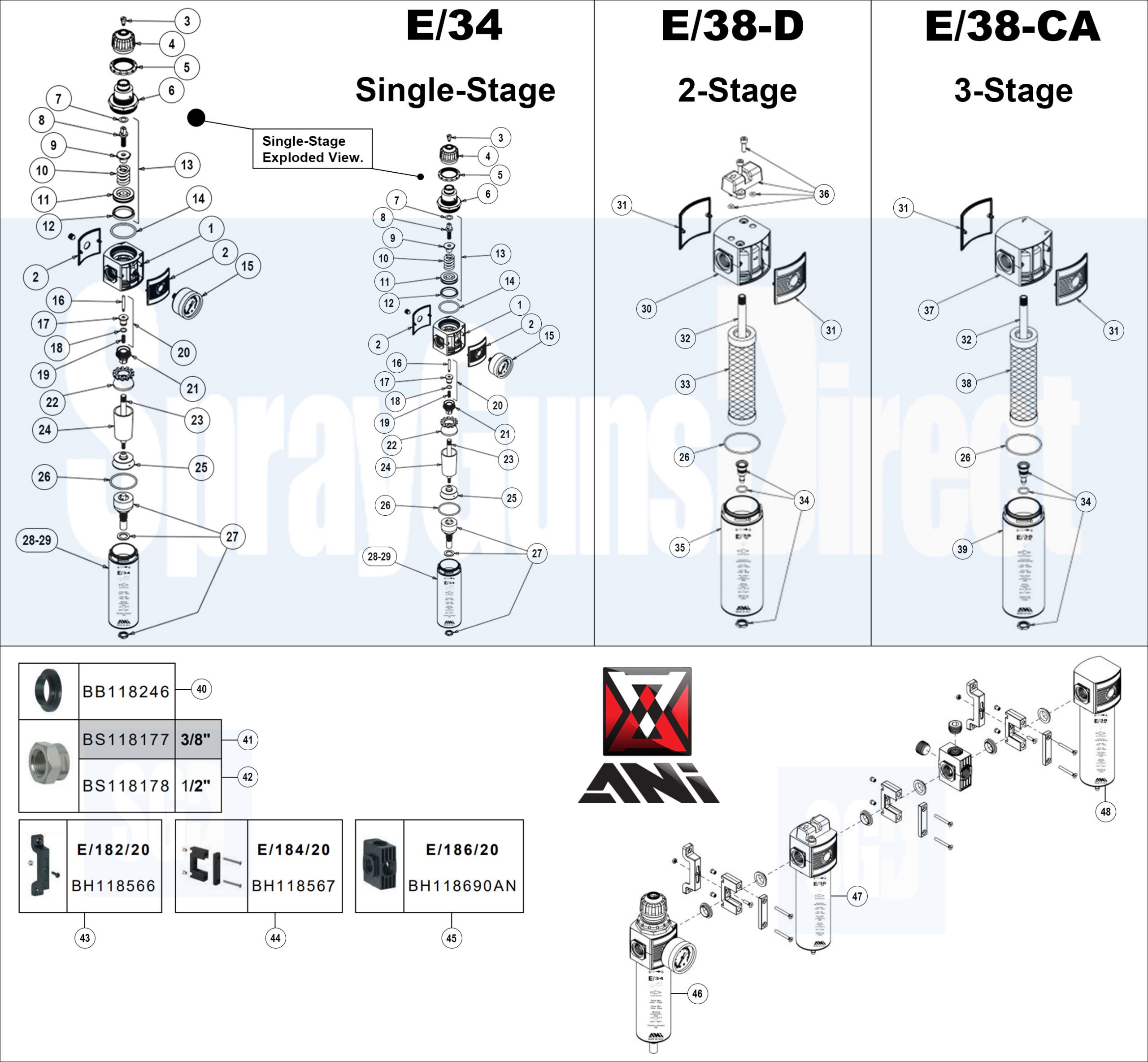 ANi 3 Stage Filter Regulator Spare Parts Breakdown