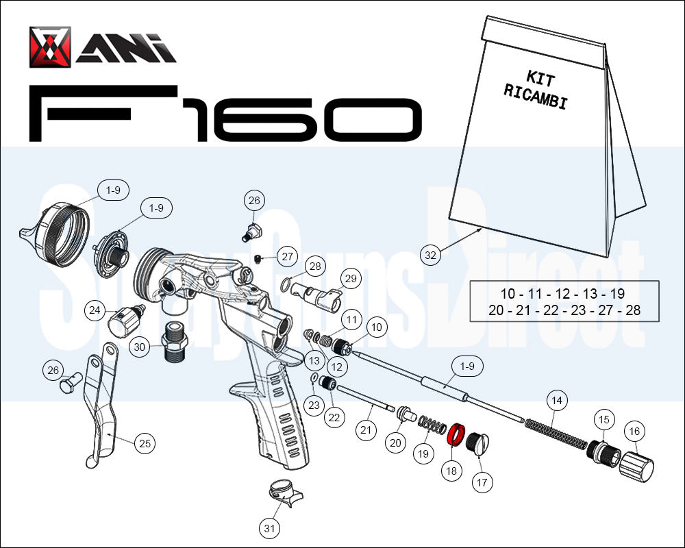 ANi F160 Snake Edition Pressure and Suction Spray Gun Spare Parts Breakdown