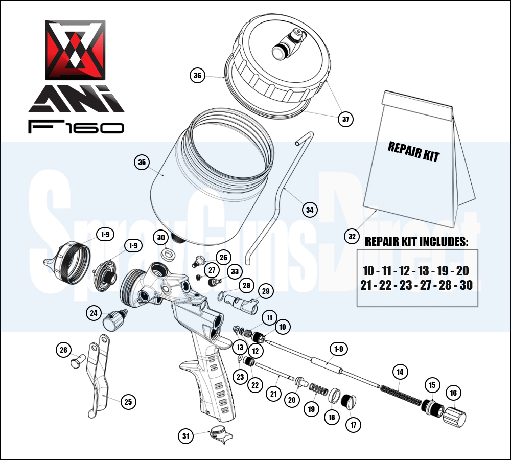 ANi F160 S-SP Snake Edition Gravity Pressure-Assisted Spray Gun Spare Parts Breakdown