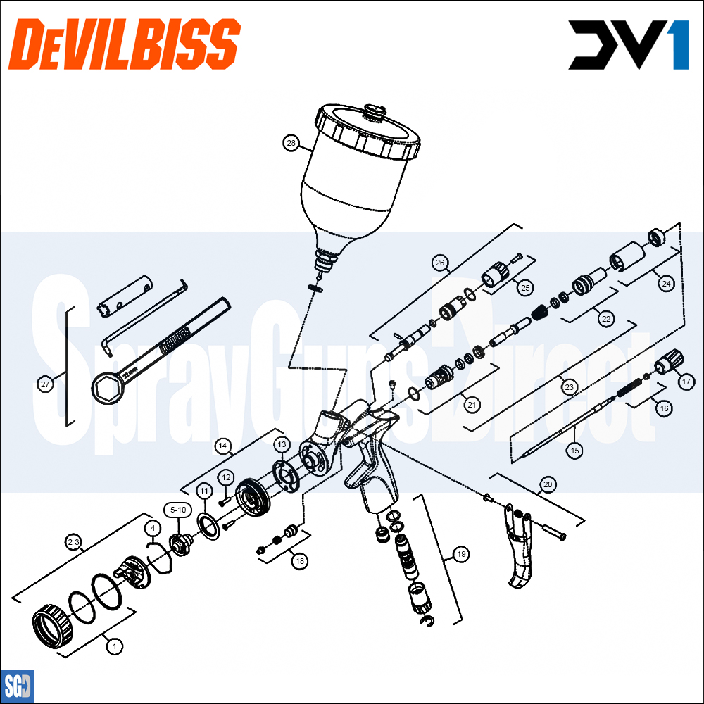 DeVilbiss DV1 Basecoat Non-Digital Spray Gun Spare Parts Breakdown