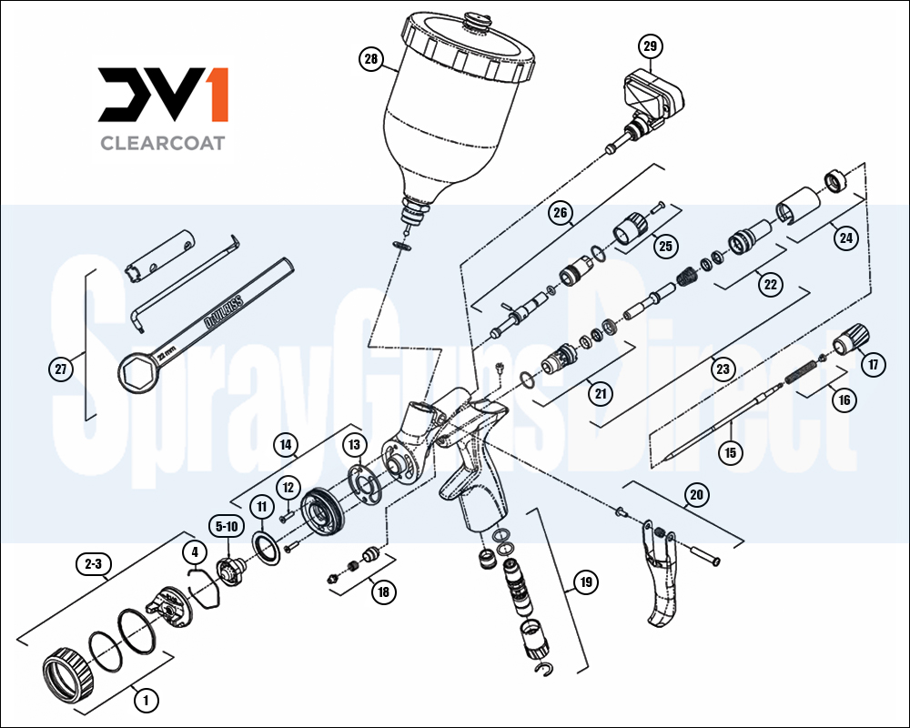 DeVilbiss DV1 Digital Clearcoat Spray Gun Spare Parts Breakdown
