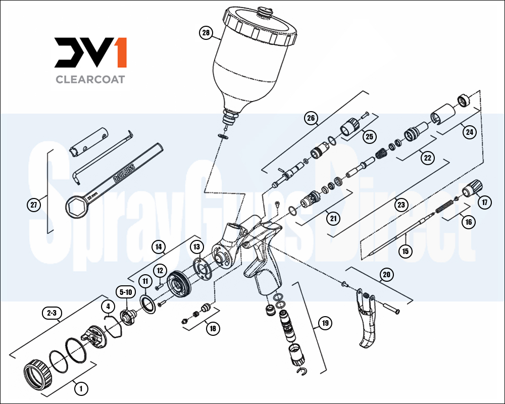DeVilbiss DV1 Non-Digital Clearcoat Spray Gun Spare Parts Breakdown