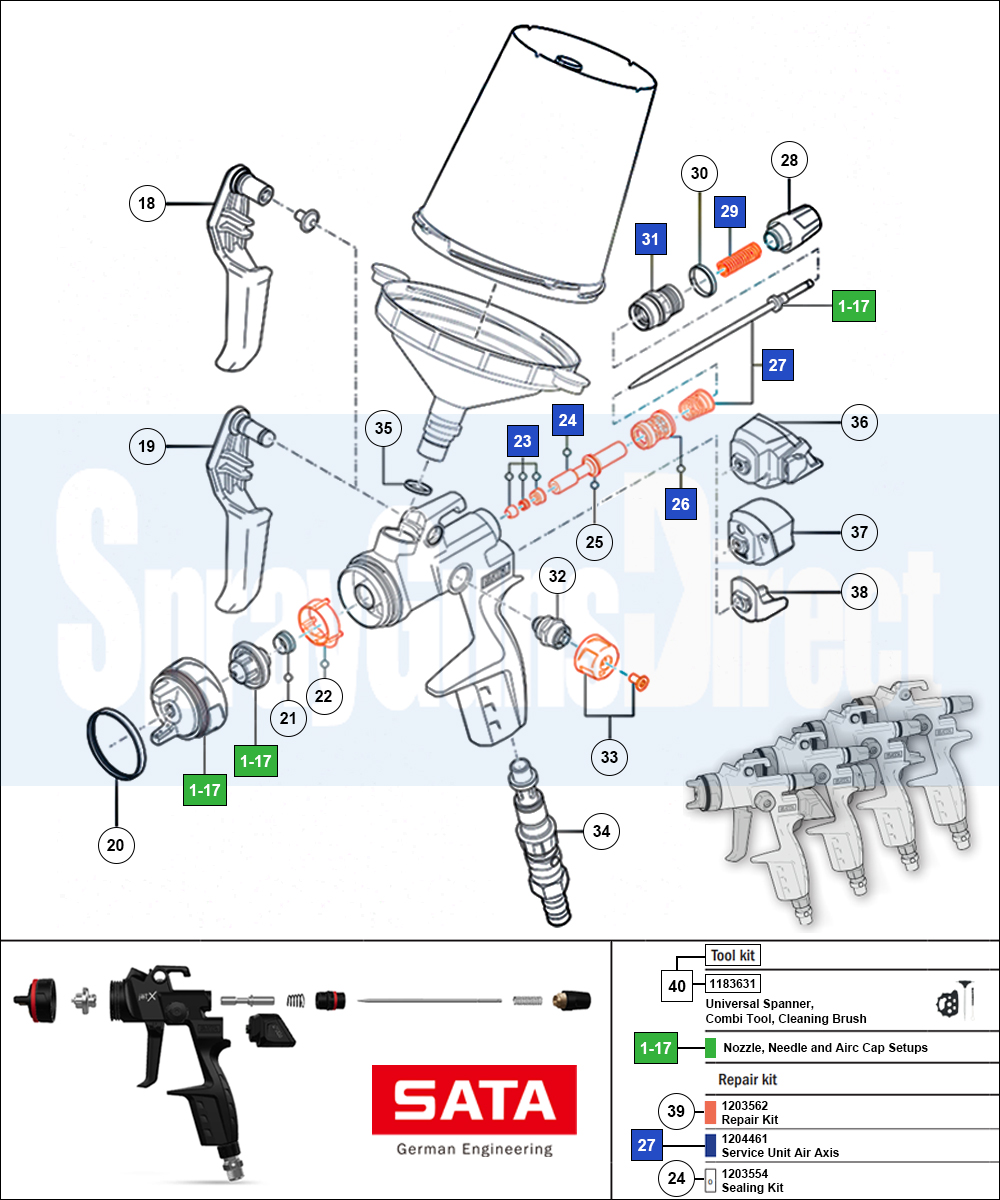 SATA jet X Spray Gun Spare Parts Breakdown
