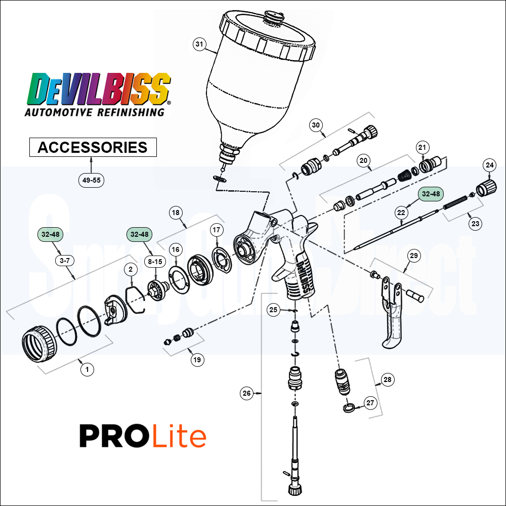 DeVilbiss PROLite Gravity Spray Gun Spares and Parts Breakdown