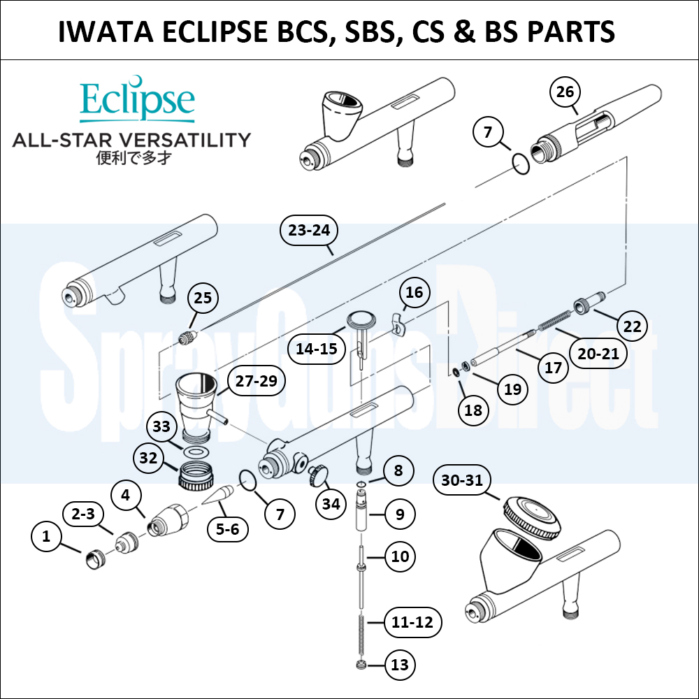 Iwata Airbrush Spare Parts Breakdown for Eclipse BCS, SBS, CS and BS Airbrushes.