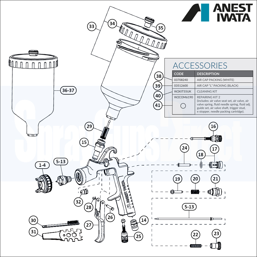 Iwata W400 Classic Spray Gun Spare Parts Breakdown