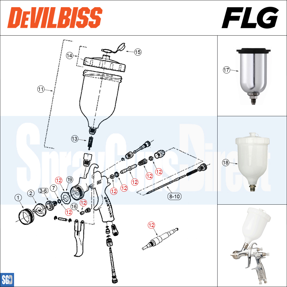 DeVilbiss FLG5 Compliant Spray Gun Spares and Parts Breakdown
