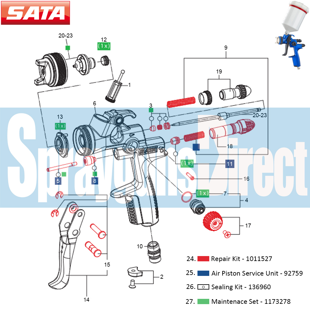 SATAjet 1500B Spray Gun Spares and Parts Breakdown